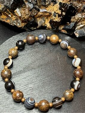 🌑Gemstone Bronzite & Black Agate Crystal Stretch Bracelet🌑